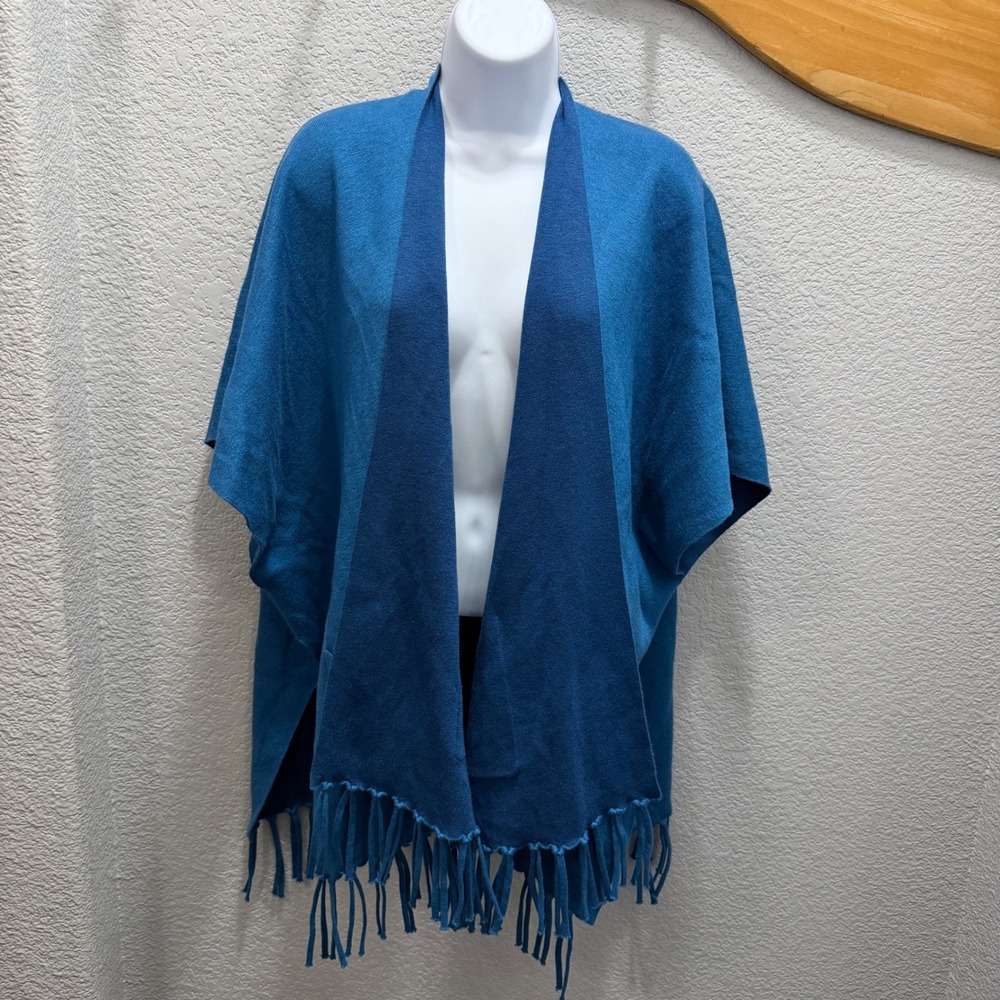 Chicos Reversible Fringe Ruana Mercer Blue Knit Open Front Cover Up Poncho S/M
